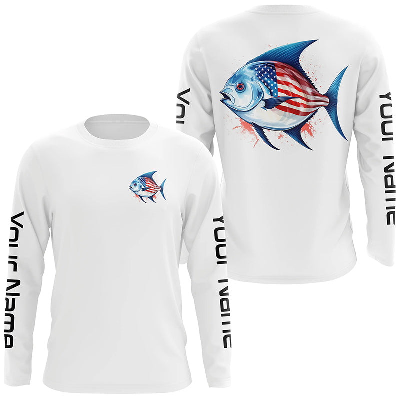 Pompano Fishing American Flag Custom Long Sleeve Fishing, Patriotic Fishing