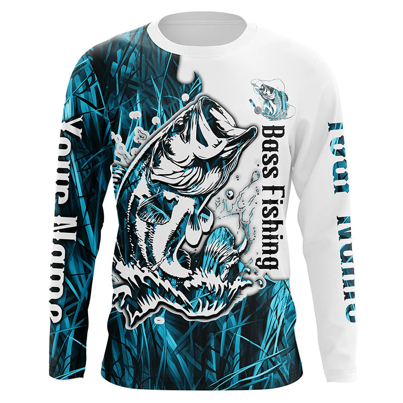 Custom Largemouth Bass Fishing Long Sleeve Tournament, Bass Fishing League | Blue Camo