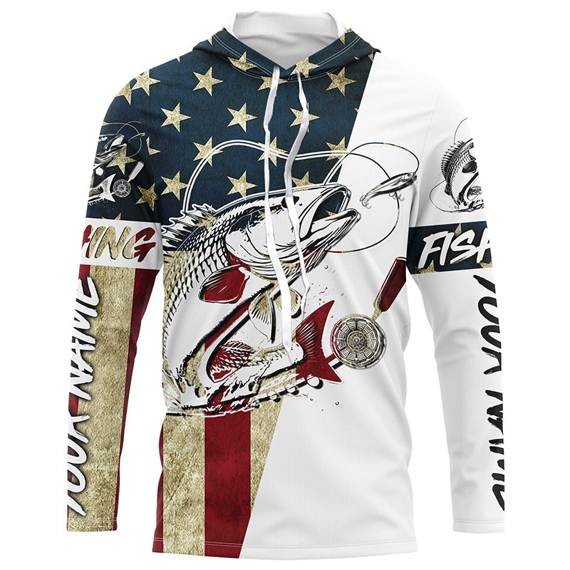 Vintage American Flag Custom Redfish Fishing Long Sleeve, Patriotic Redfish Fishing