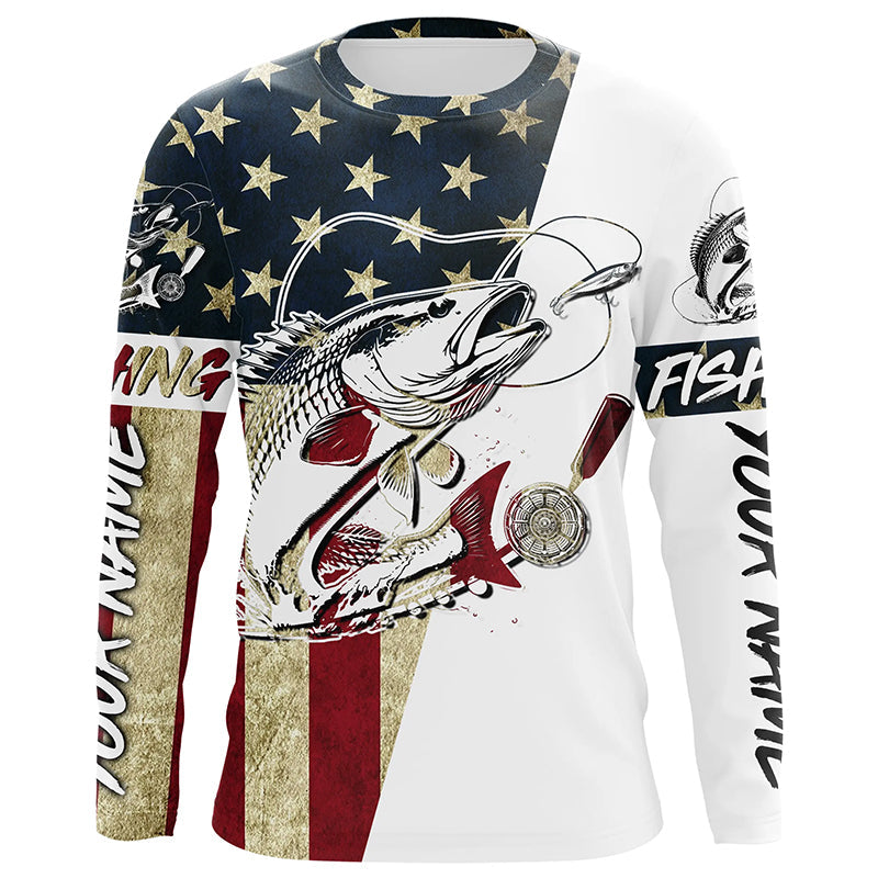 Vintage American Flag Custom Redfish Fishing Long Sleeve, Patriotic Redfish Fishing