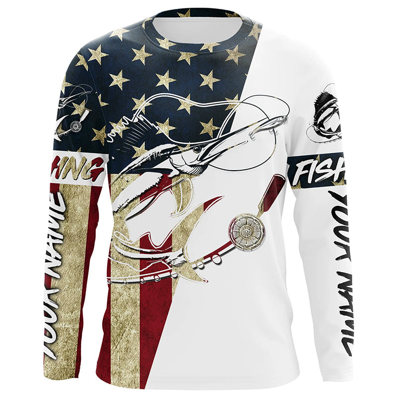 Vintage American Flag Custom Sailfish Fishing Long Sleeve, Patriotic Sailfish Fishing