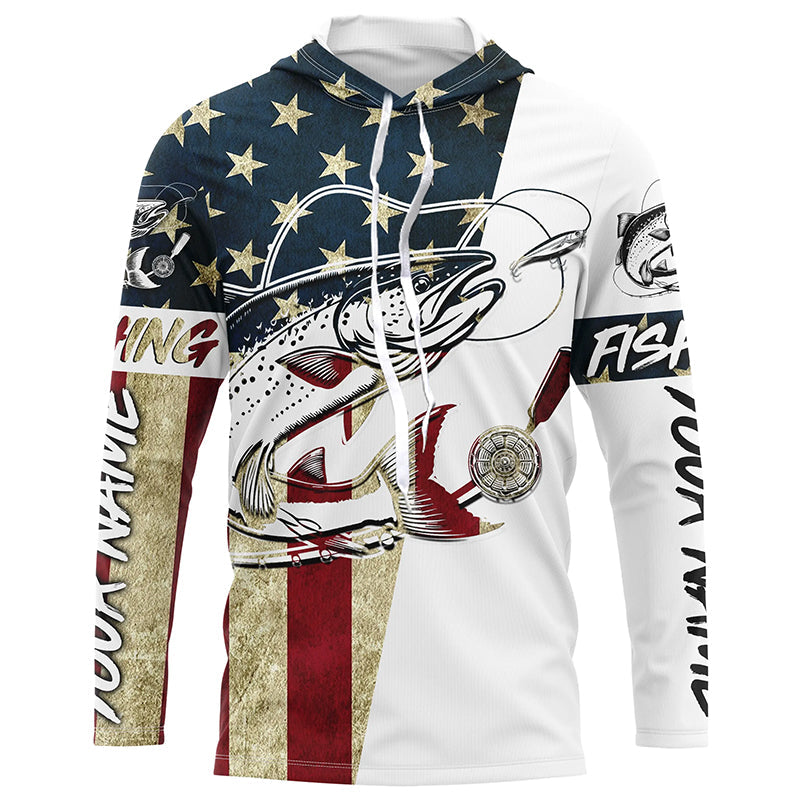 American Flag Custom Chinook Salmon Fishing Long Sleeve, Patriotic Salmon Fishing