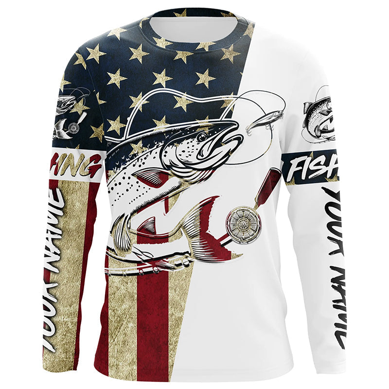 American Flag Custom Chinook Salmon Fishing Long Sleeve, Patriotic Salmon Fishing