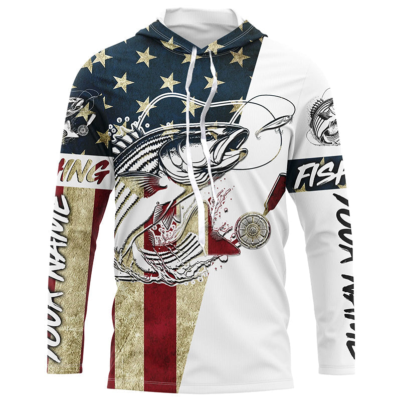 American Flag Custom Striped Bass Fishing Long Sleeve, Patriotic Stripper Fishing