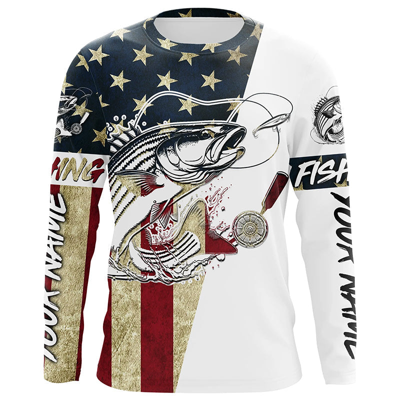 American Flag Custom Striped Bass Fishing Long Sleeve, Patriotic Stripper Fishing