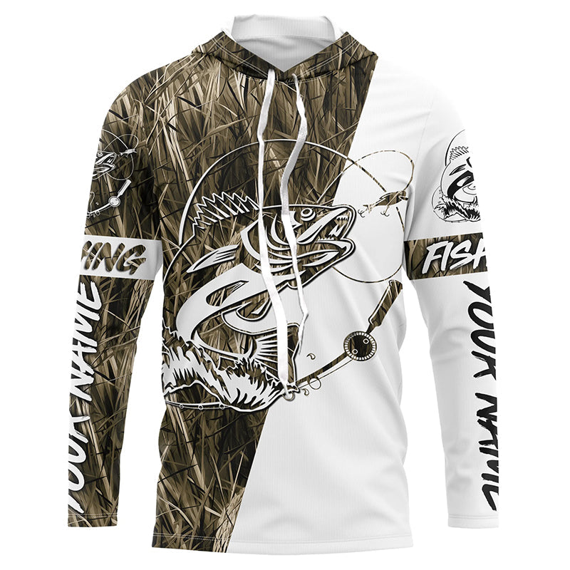 Walleye Fishing Grass Camo Custom Long Sleeve Fishing, Walleye Tournament Fishing