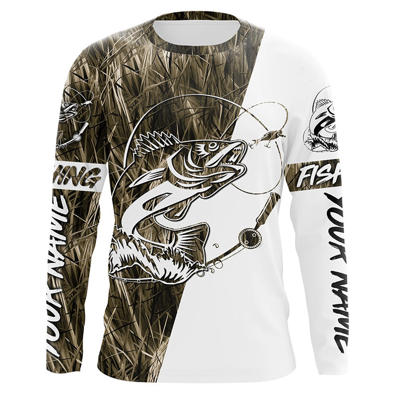 Walleye Fishing Grass Camo Custom Long Sleeve Fishing, Walleye Tournament Fishing