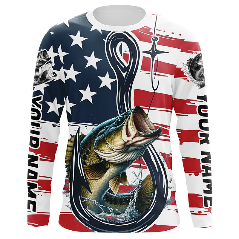 Us Flag Fish Hook Custom Patriotic Largemouth Bass Long Sleeve Fishing, Bass Fishing