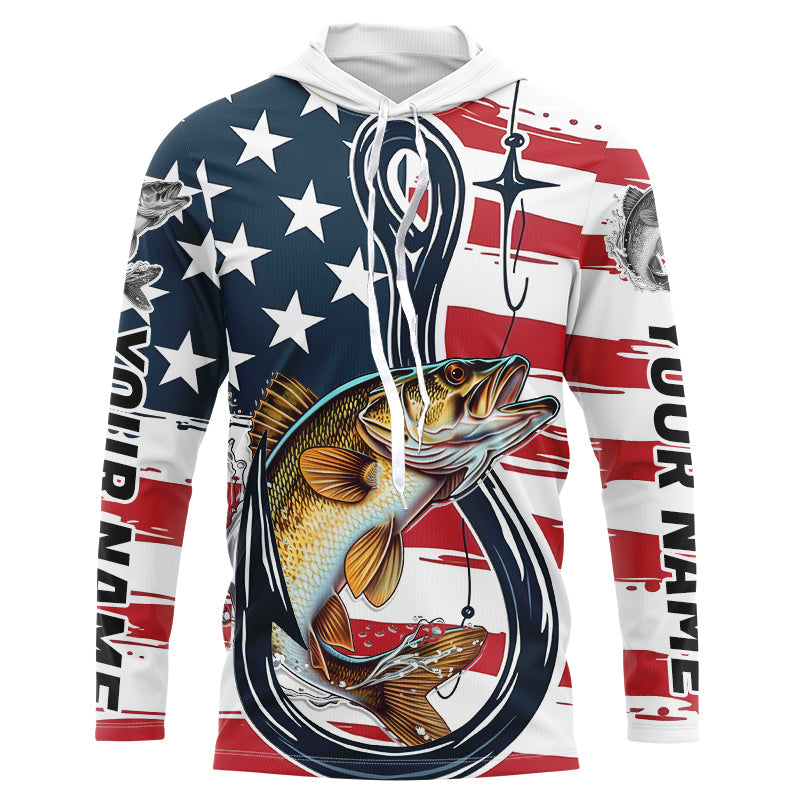 Us Flag Fish Hook Custom Patriotic Walleye Long Sleeve Fishing, Walleye Fishing