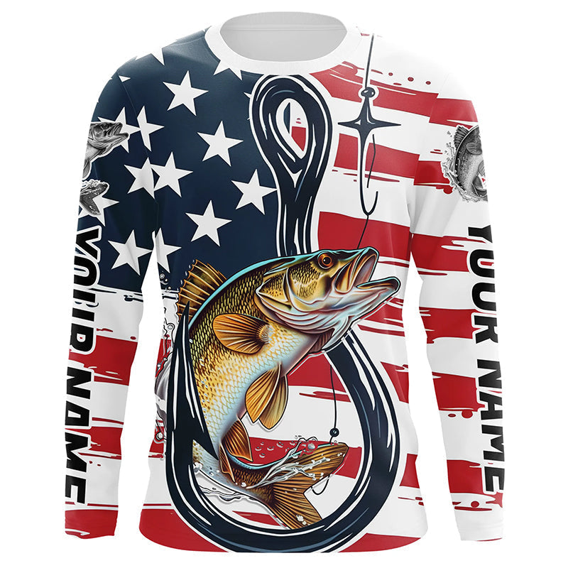 Us Flag Fish Hook Custom Patriotic Walleye Long Sleeve Fishing, Walleye Fishing
