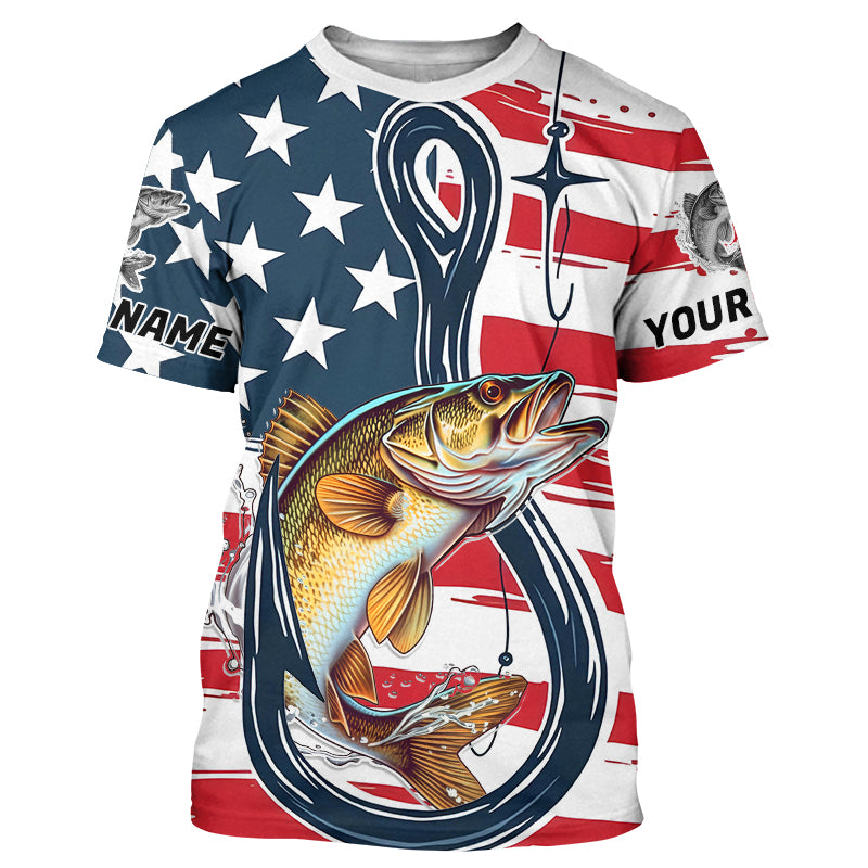 Us Flag Fish Hook Custom Patriotic Walleye Long Sleeve Fishing, Walleye Fishing