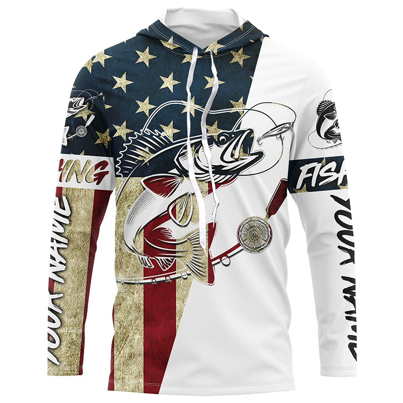 Walleye Fishing American Flag Custom Long Sleeve Fishing, Patriotic Fishing Gifts Uv Clothing