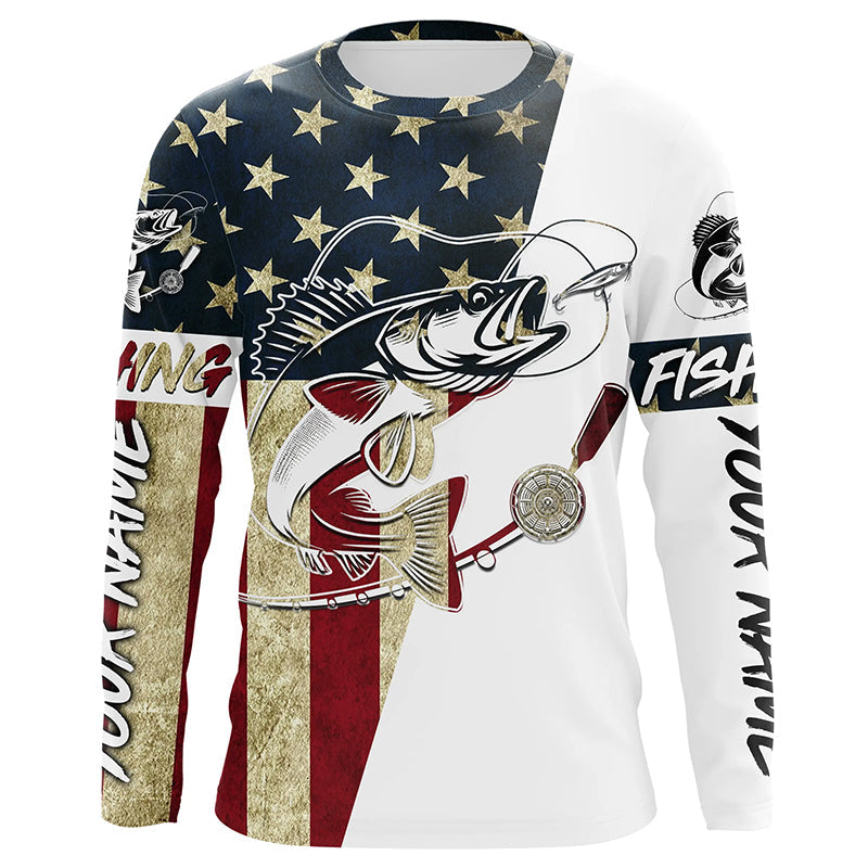 Walleye Fishing American Flag Custom Long Sleeve Fishing, Patriotic Fishing Gifts Uv Clothing