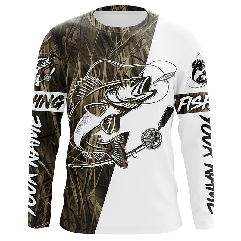 Walleye Fishing Grass Camo Custom Long Sleeve Fishing, Walleye Tournament Fishing