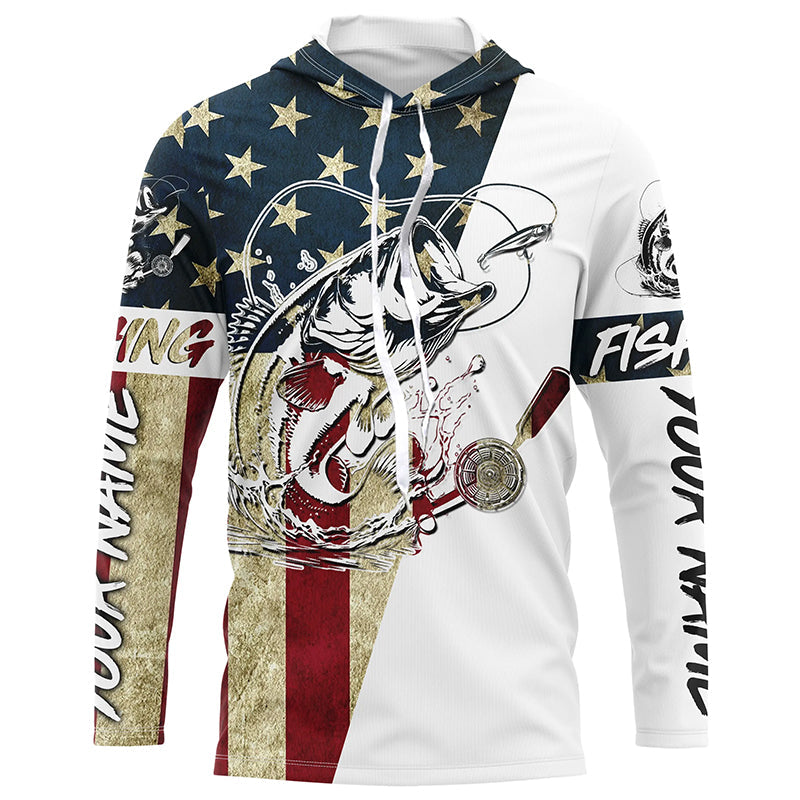 Personalized Vintage American Flag Bass Fishing Long Sleeve, Patriotic Bass Fishing