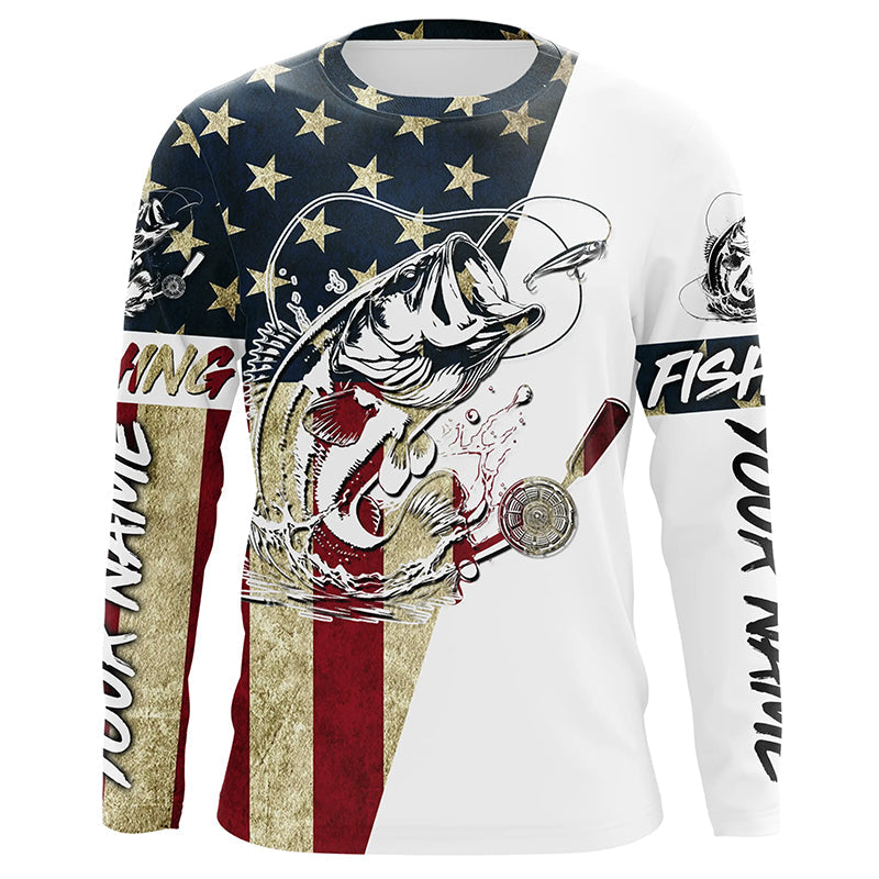 Personalized Vintage American Flag Bass Fishing Long Sleeve, Patriotic Bass Fishing