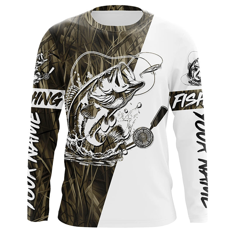 Custom Bass Fishing Tattoo Grass Camo Long Sleeve Tournament Fishing, Bass Fishing