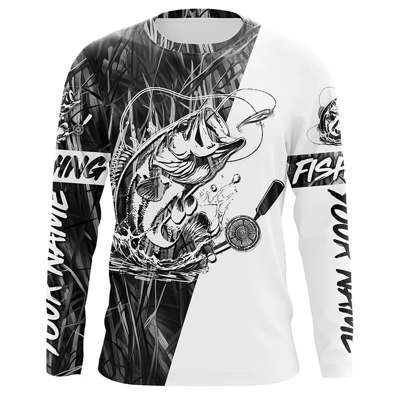 Custom Bass Fishing Tattoo Gray Camo Long Sleeve Tournament Fishing, Bass Fishing