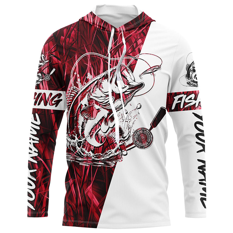 Custom Bass Fishing Tattoo Red Camo Long Sleeve Tournament Fishing, Bass Fishing