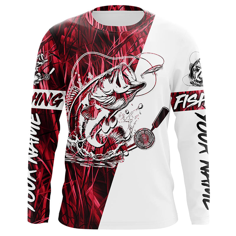 Custom Bass Fishing Tattoo Red Camo Long Sleeve Tournament Fishing, Bass Fishing