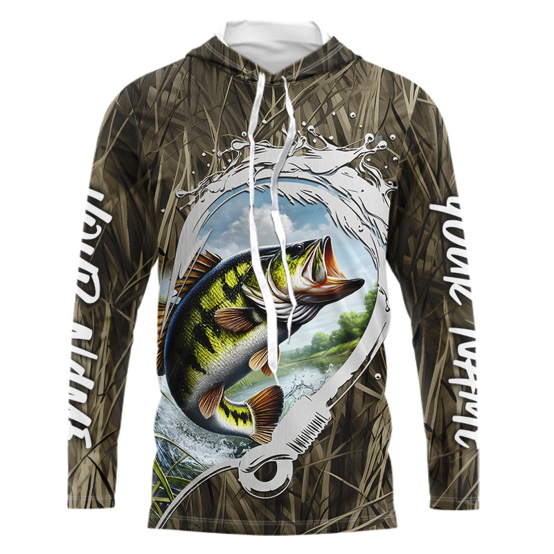 Custom Largemouth Bass Long Sleeve Hooded Tournament Fishing, Camo Fish Hook Bass