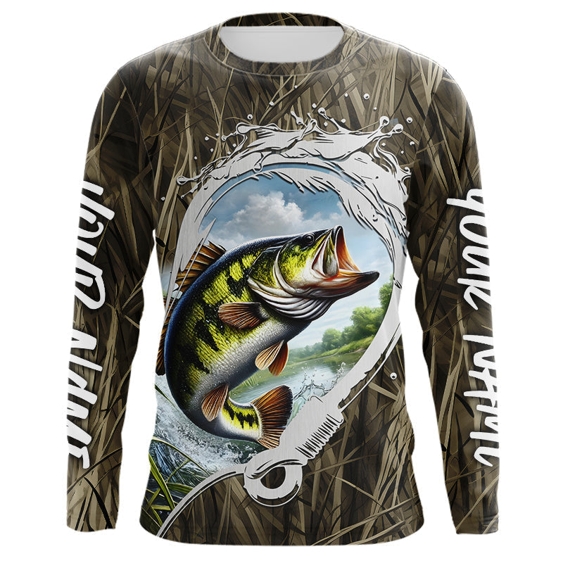 Custom Largemouth Bass Long Sleeve Hooded Tournament Fishing, Camo Fish Hook Bass