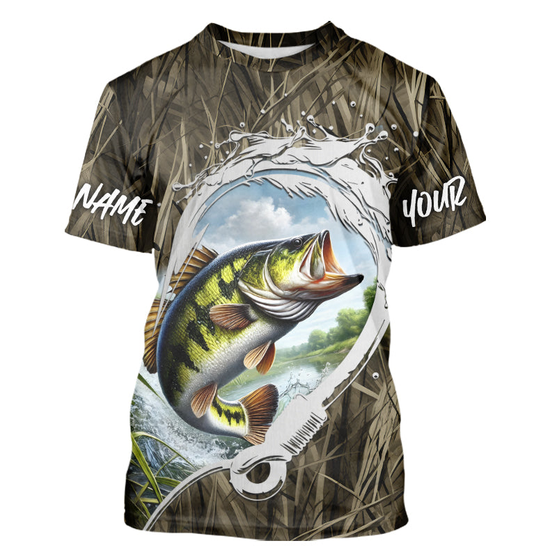 Custom Largemouth Bass Long Sleeve Hooded Tournament Fishing, Camo Fish Hook Bass
