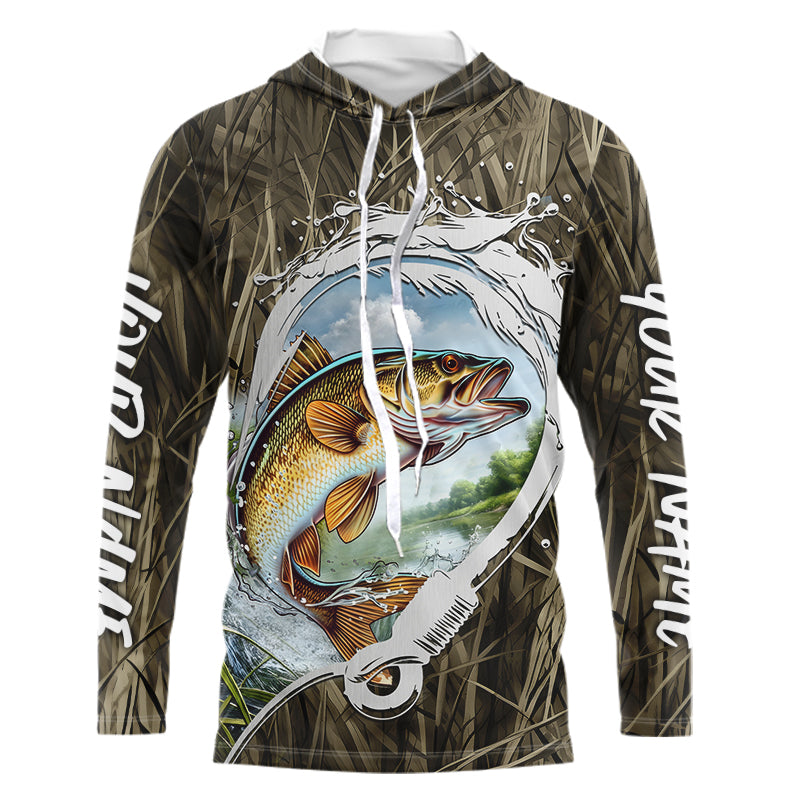 Custom Walleye Long Sleeve Hooded Tournament Fishing, Camo Fish Hook Walleye Fishing