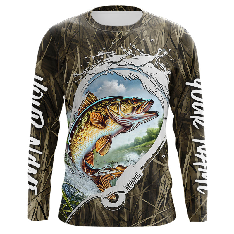 Custom Walleye Long Sleeve Hooded Tournament Fishing, Camo Fish Hook Walleye Fishing