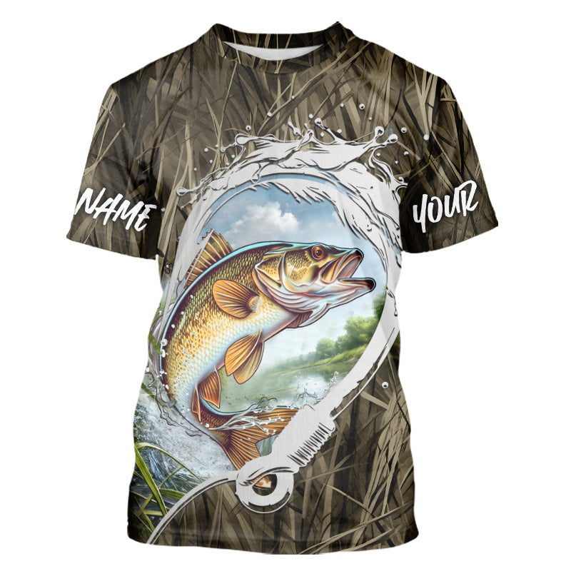 Custom Walleye Long Sleeve Hooded Tournament Fishing, Camo Fish Hook Walleye Fishing