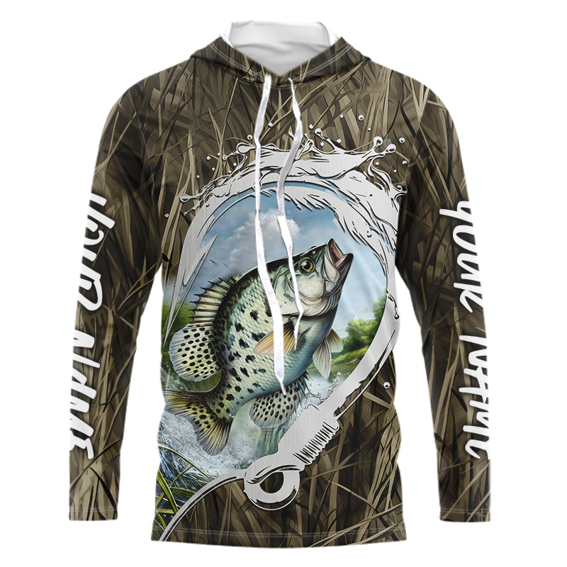 Custom Crappie Long Sleeve Hooded Tournament Fishing, Camo Fish Hook Crappie Fishing