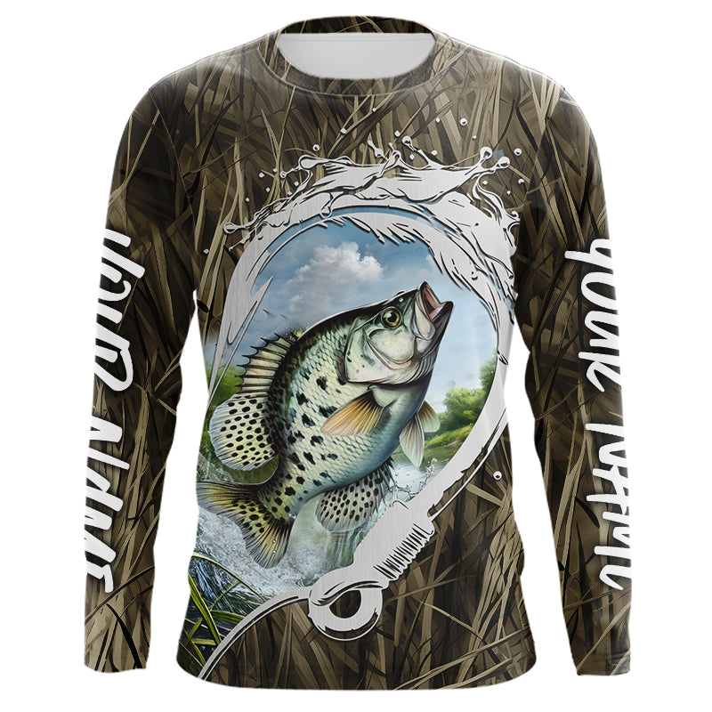 Custom Crappie Long Sleeve Hooded Tournament Fishing, Camo Fish Hook Crappie Fishing