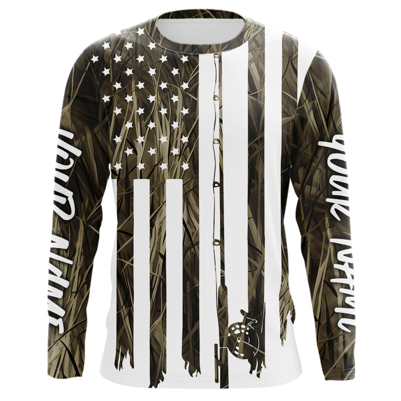 Custom Camouflage US Flag Fishing Rod Patriotic Fishing T-Shirtss