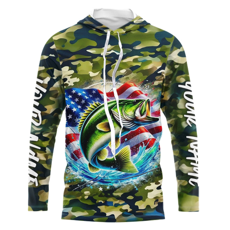 US Flag Largemouth Bass Fishing Camo Custom Patriotic Long Sleeve Hooded Tournament Fishing