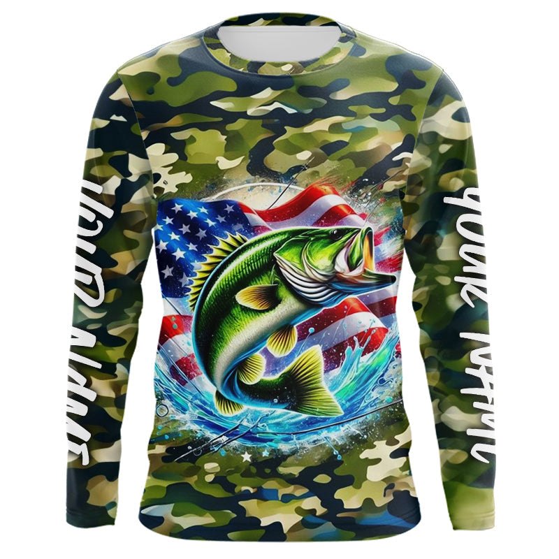 US Flag Largemouth Bass Fishing Camo Custom Patriotic Long Sleeve Hooded Tournament Fishing