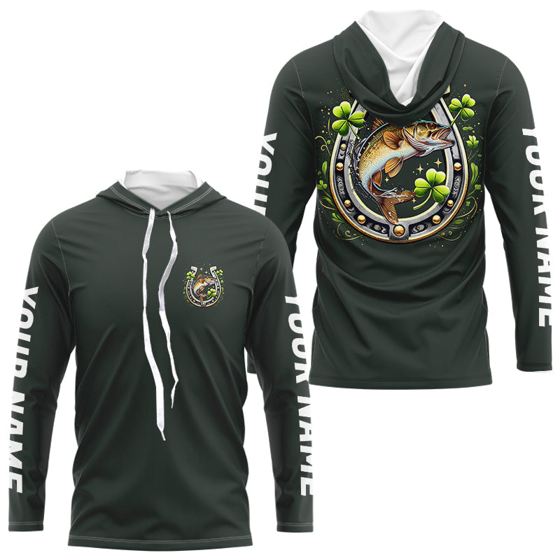 Custom St Patrick's Day Shamprock Walleye Long Sleeve Hooded Tournament Fishing