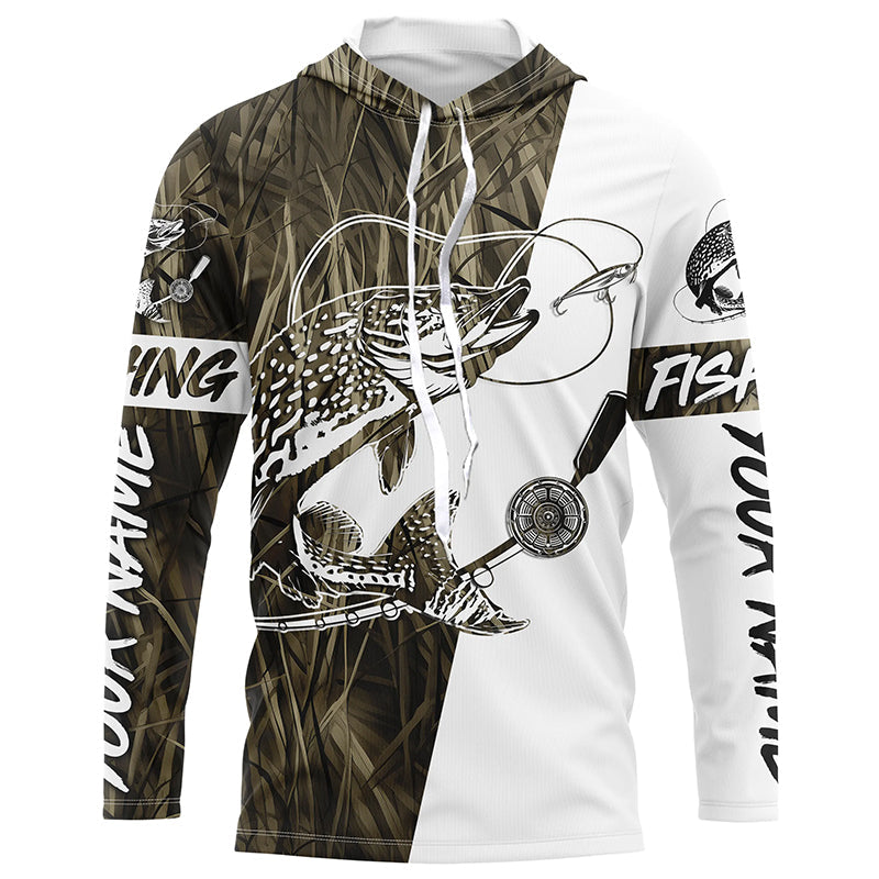 Custom Pike Fishing Tattoo Grass Camo Long Sleeve Tournament Fishing, Pike Fishing