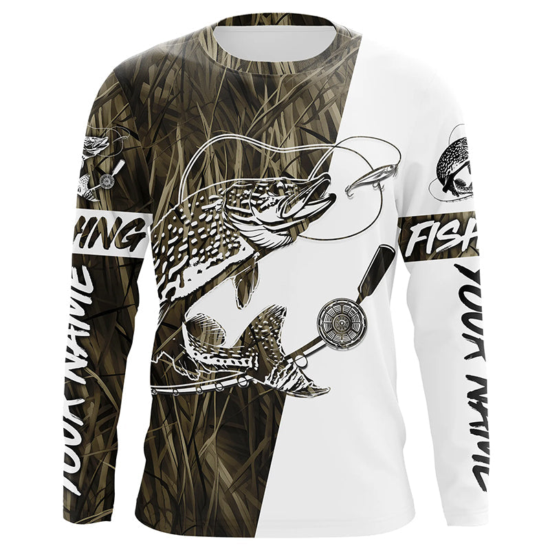 Custom Pike Fishing Tattoo Grass Camo Long Sleeve Tournament Fishing, Pike Fishing
