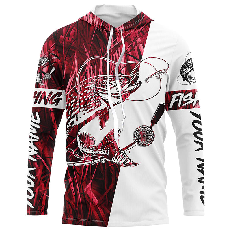 Custom Pike Fishing Tattoo Red Grass Camo Long Sleeve Fishing, Pike Fishing
