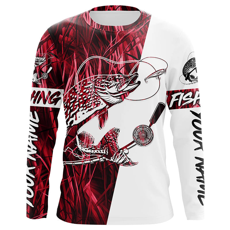 Custom Pike Fishing Tattoo Red Grass Camo Long Sleeve Fishing, Pike Fishing
