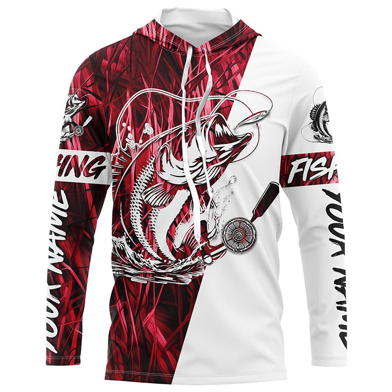 Custom Bass Fishing Tattoo Red Camo Long Sleeve Tournament Fishing, Bass Fishing