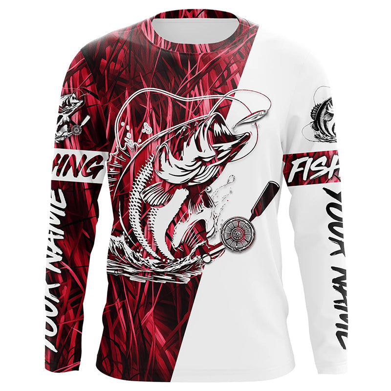 Custom Bass Fishing Tattoo Red Camo Long Sleeve Tournament Fishing, Bass Fishing