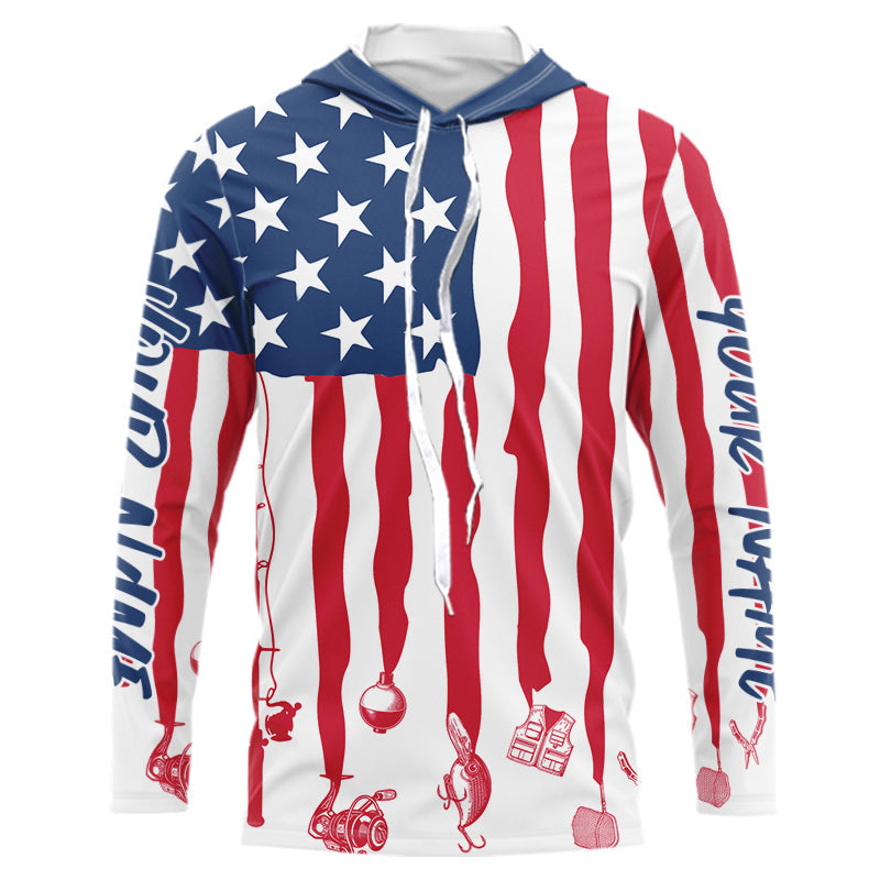 Personalized Patriotic US Flag Long Sleeve Hooded Fishing, American Flag Fishing Tools