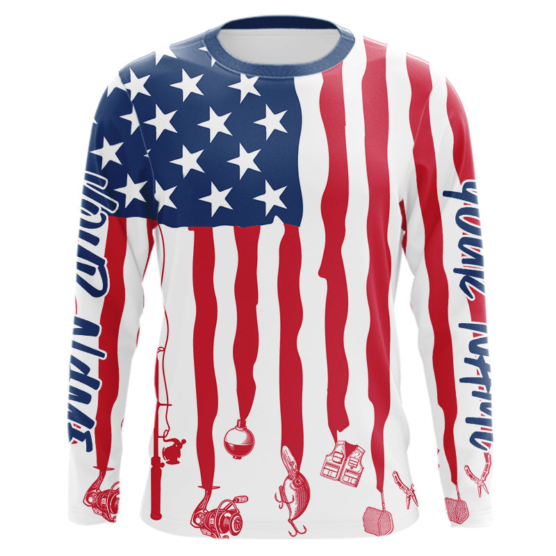 Personalized Patriotic US Flag Long Sleeve Hooded Fishing, American Flag Fishing Tools