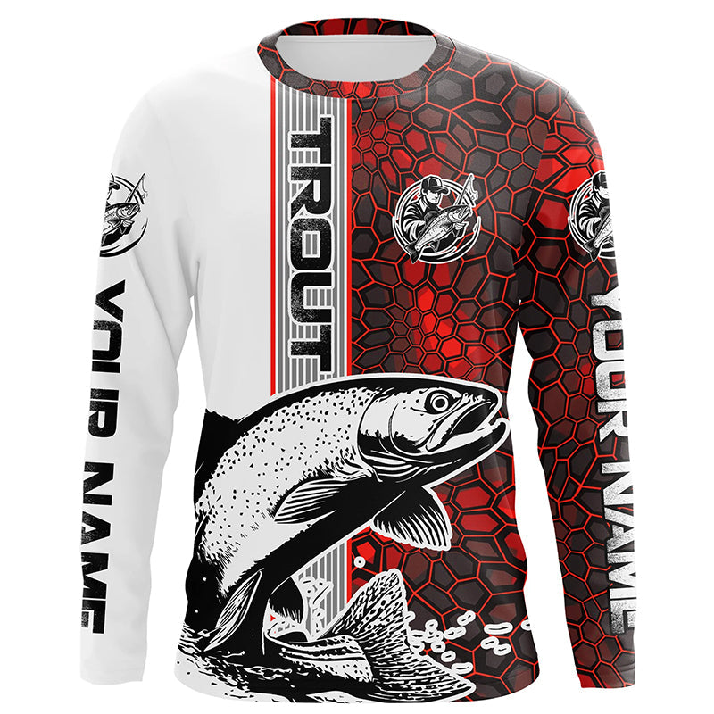 Trout Fishing Red Camo Long Sleeve Fishing With Custom Name, Trout 3D Fishing