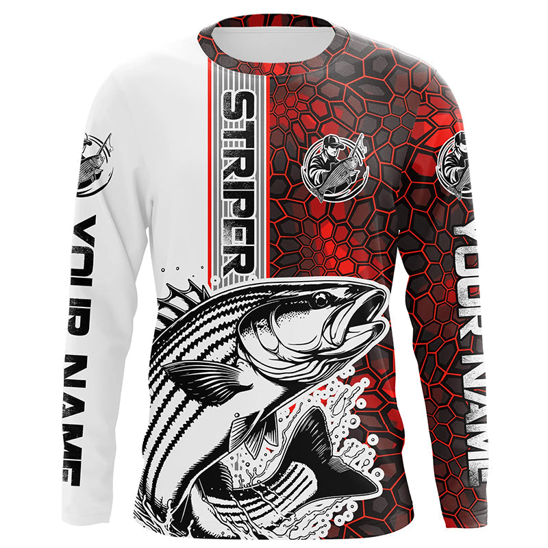 Striped Bass Fishing Red Camo Long Sleeve Fishing With Custom Name, Striper Fishing