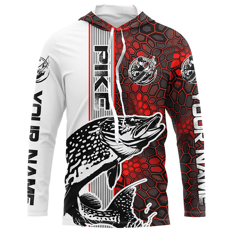 Pike Fishing Red Camo Long Sleeve Fishing With Custom Name, Pike 3D Fishing