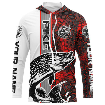 Pike Fishing Red Camo Long Sleeve Fishing With Custom Name, Pike 3D Fishing
