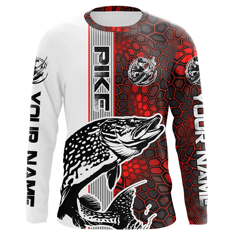 Pike Fishing Red Camo Long Sleeve Fishing With Custom Name, Pike 3D Fishing