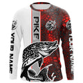 Pike Fishing Red Camo Long Sleeve Fishing With Custom Name, Pike 3D Fishing